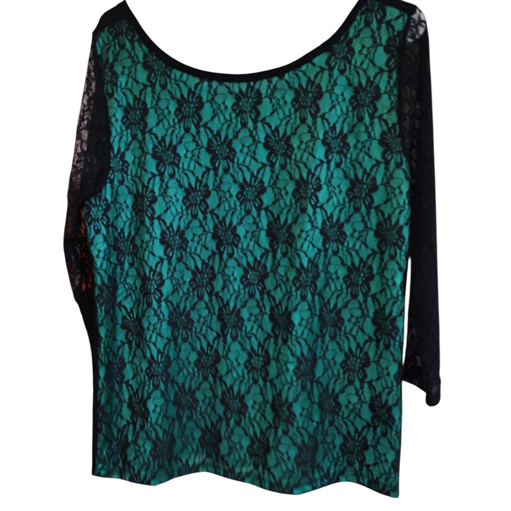 August Silk Blouse Green with Black Lace Long Sleeve Dressy Womens Extra Large